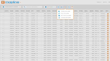 Screenshot of a Mapline dataset with the control columns menu open