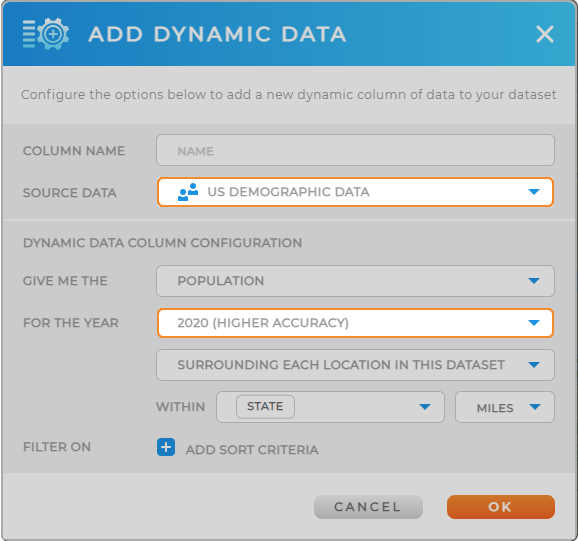 Screenshot of the dynamic data window in Mapline. 'US Demographic Data' and '2020' are highlighted in the drop-down menu options.