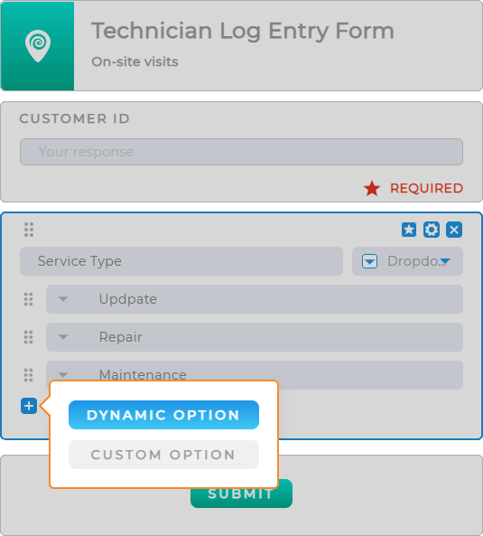 Screenshot o Dynamic elements option in Forms: Click the plus sign to access a menu that allows you to add dynamic elements to your Form.