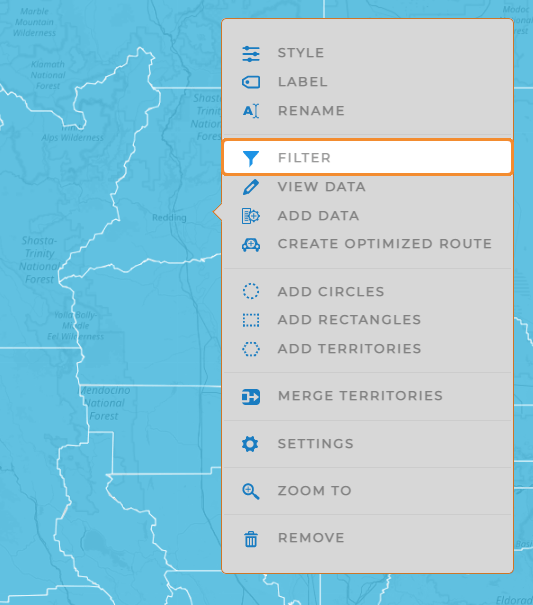 Screenshot of the 'Filter' option in the menu in maps. Right-click a territory or shape to access the menu.