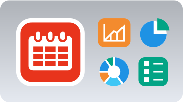 Calendar icon next to 4 icons representing a line graph, pie charts, and a checklist.
