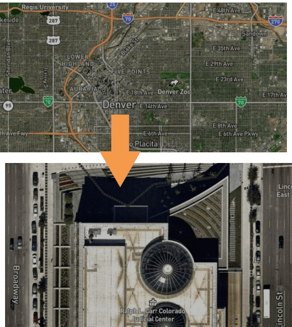 Screenshot of a map of Denver, then a screenshot of zooming in on Broadway.