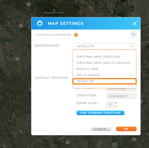 Satellite map image and screenshot of a dialogue box showing where to find the satellite setting under Map Options > Settings > Background: Satellite