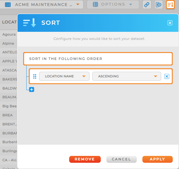 Screenshot of the 'Sort' menu in datasets, where you can now sort multiple columns at once.