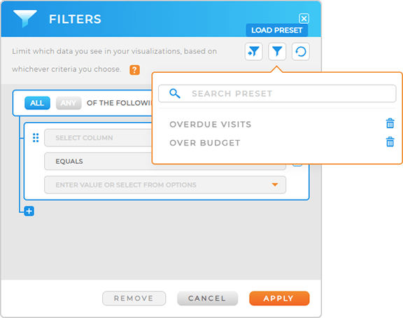 Screenshot of Mapline Filters on a dashboard, with Filter presets available