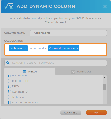 Screenshot of adding dynamic columns with the updated logic for formulas. This formula reads, 'Technician is contained by Assigned Technician.'