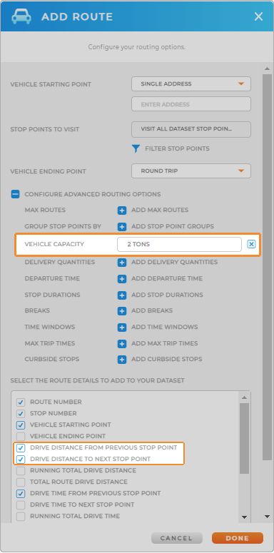 Screenshot of routing updates, highlighting the selections for vehicle capacity and drive distance under advanced routing options.