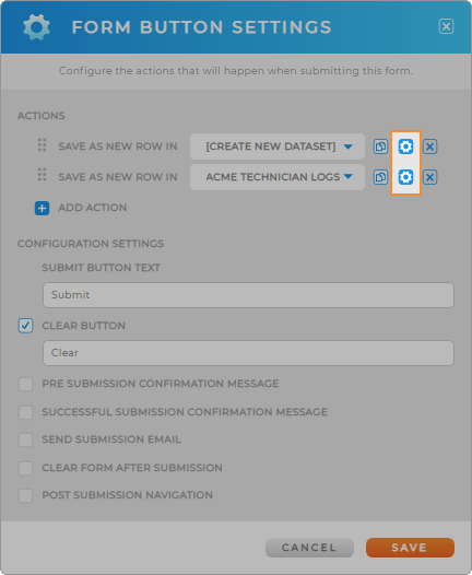 Screenshot of the Form Button Settings lightbox in Mapline, with row settings highlighted