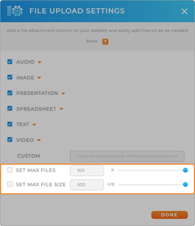 Configure file size allowance