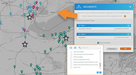 Screenshot of segmenting customer pins on a Mapline map