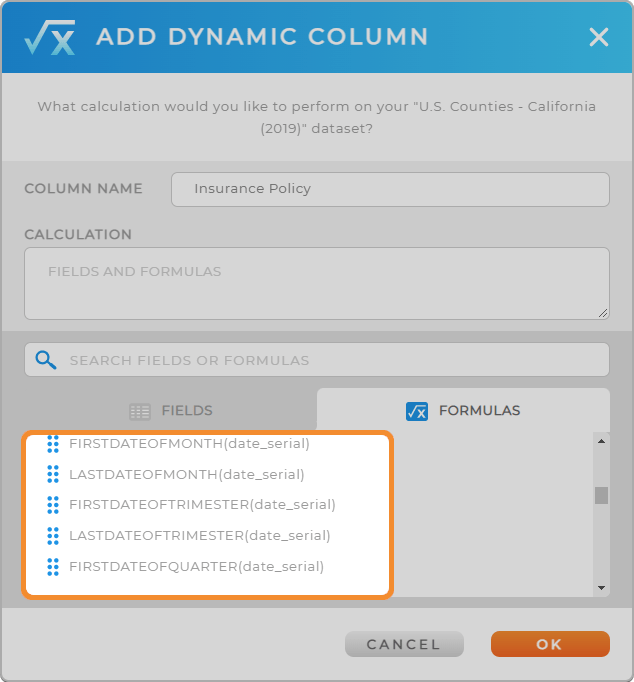Under Calculated Columns, scroll down the Formula menu to see formulas for filtering by timeframe.