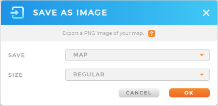 Screenshot of the Save As Image lightbox in Mapline, with the size section highlighted