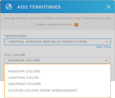 Color-code your Central African Republic Prefectures territory map in seconds