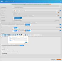 Automate Email workflows in Mapline: configuration screen, showing customizable email fields including sender details, subject, message body, and dynamic data tags.