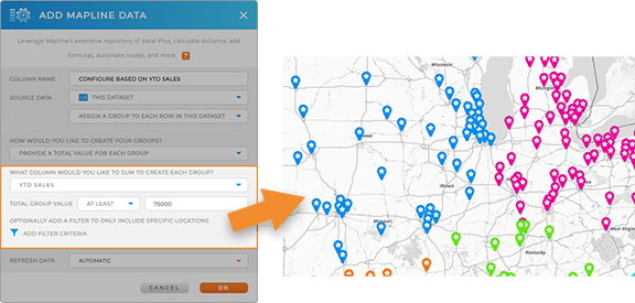 Mapline Data lightbox, with PROVIDE TOTAL VALUE FOR GROUP highlighted