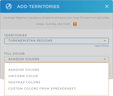 Color-code your  Turkmenistan regions territory map in seconds