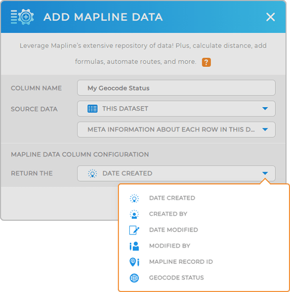 Screenshot of the Mapline Data lightbox, with Geocode status highlighted