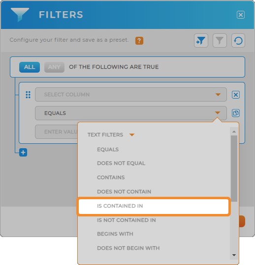 Screenshot of the drop-down menu in dataset filters, where you can now select 'Is Contained In,' a new logic that does not exist in Excel. You can also select 'Is not contained in.'