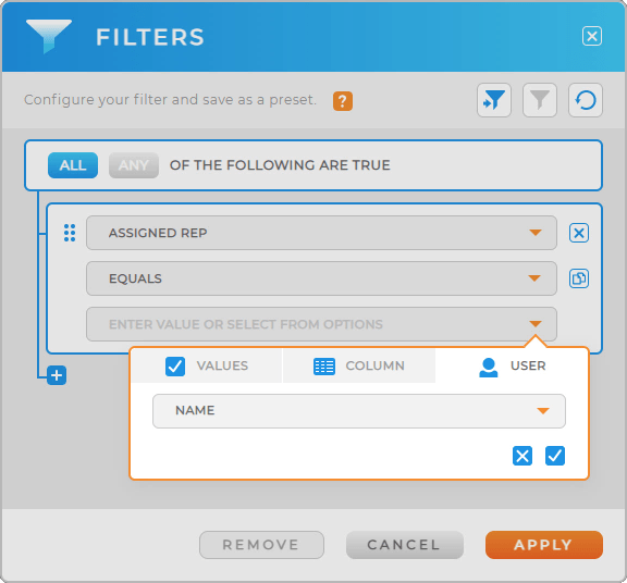 Screenshot of Filter options. Setting "All of the Following are true" where "assigned rep" equals "Rep name."