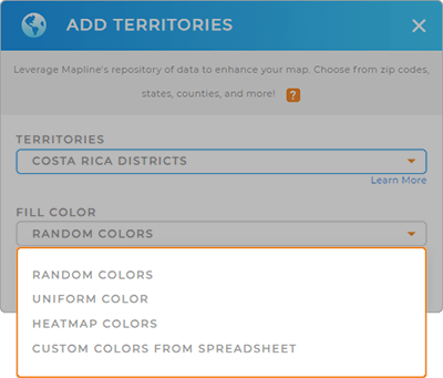 Color-code your Costa Rica district territory map quickly