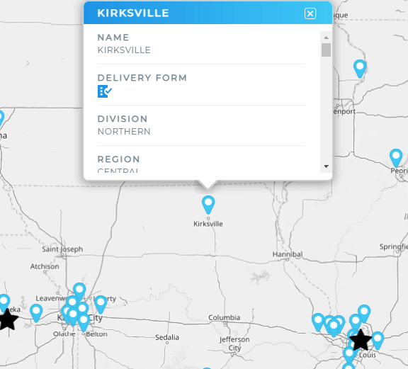Screenshot of a map in Mapline, showing how Forms appear when you hover over a map pin.
