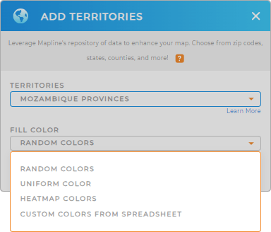 Color-code your Mozambique Provinces territory map in seconds