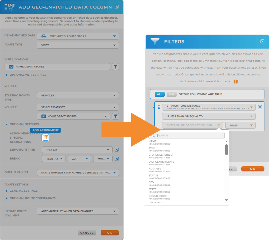 Mapline Coverage Areas lightbox, with the radius section highlighted