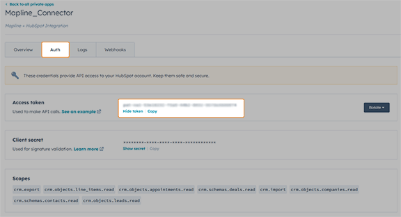 Copy your Hubspot access token