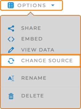 Click the 'Options' drop-down menu in Reports and select 'Change Source' to easily change the data source.