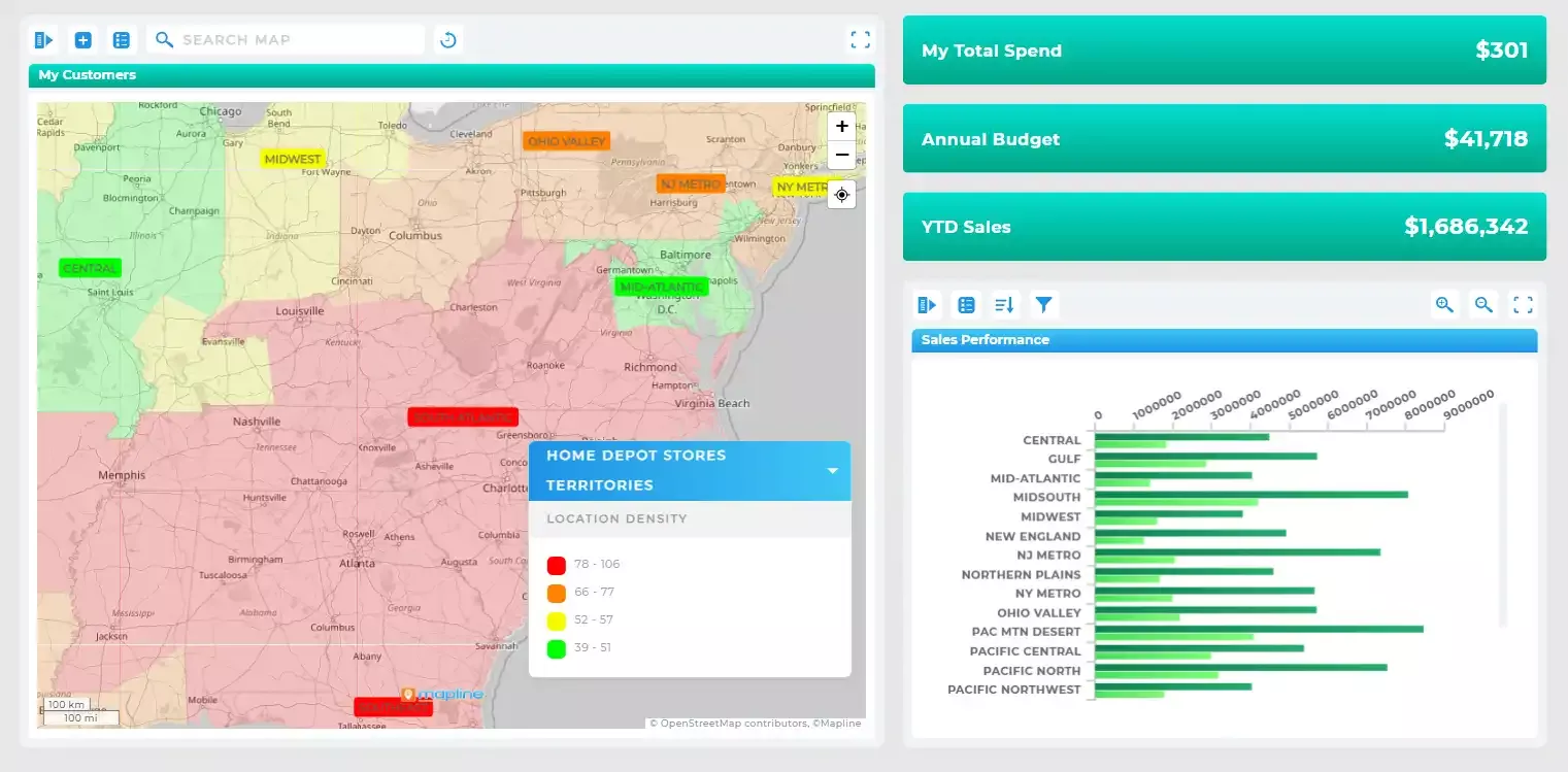 Geo BI dashboard showing territory reporting