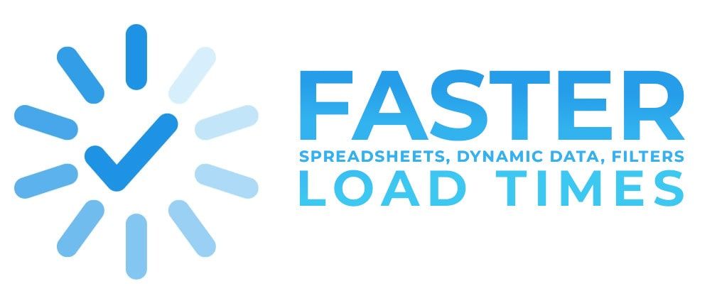 Graphic that reads 'Faster Load Times- Spreadsheets, dynamic data, and filters.'
