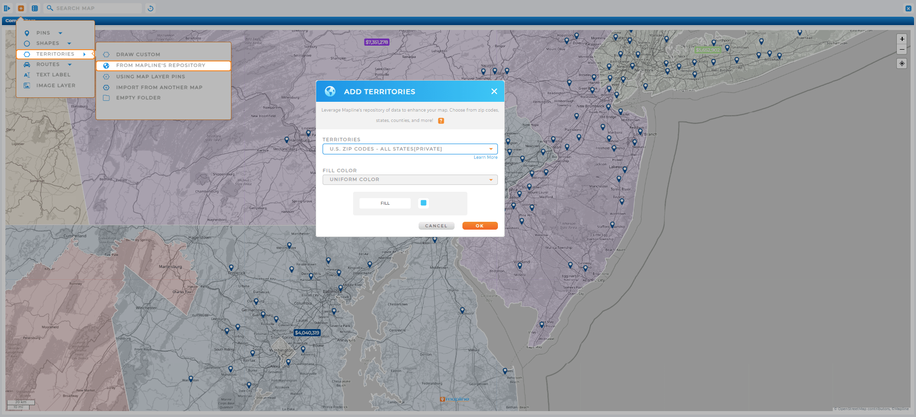 find zip codes within a region with mapline
