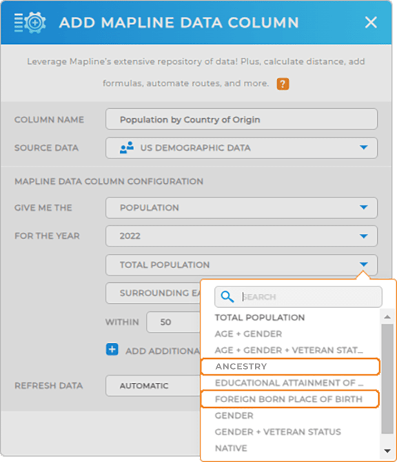 Add U.S. Demographic data by ancestry or birth country in Mapline