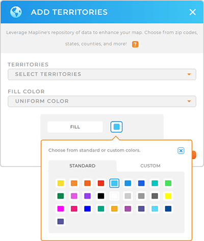 Screenshot of the Add Territories from Mapline's Repository lightbox in Mapline