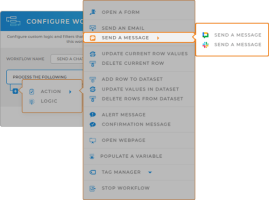 Mapline workflow configuration menu with the 'Send a Message' option highlighted, allowing users to automate Slack or Google Chat notifications.