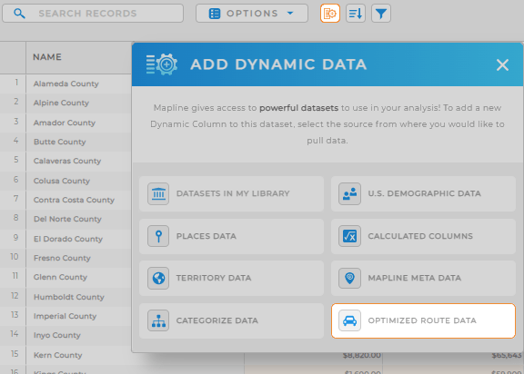 Use the 'Dynamic Data' menu to add optimized routes to your maps
