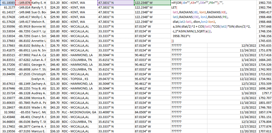 Example distance calculation in excel