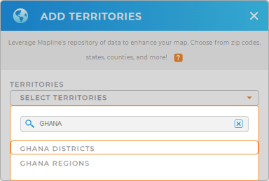 Quickly add Ghana districts to your map by leveraging Mapline's worldwide territory database