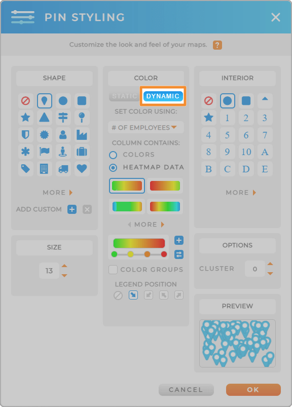 Screenshot of the pin styling menu in Mapline, with the dynamic styling button highlighted.