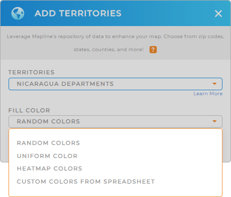 Color-code your Nicaragua department territory map quickly