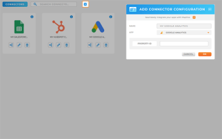 Mapline interface displaying the 'Add Connector Configuration' screen with Google Analytics selected and Property ID field ready for input.