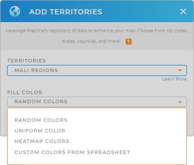 Color-code your Mali regions territory map in seconds