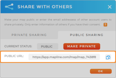 Screenshot of the Share lightbox in Mapline, with the public URL section highlighted