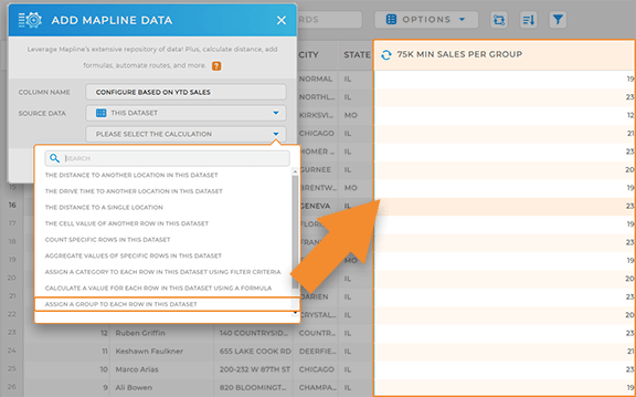 Mapline Data lightbox in Mapline, with ASSIGN GROUPS TO ROWS IN THIS DATASET highlighted