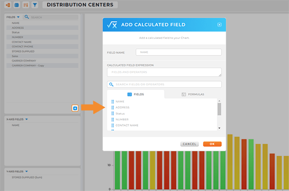 screenshot of a Mapline chart with the calculated fields window open