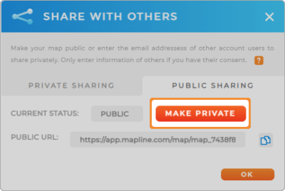 Screenshot of the Share lightbox in Mapline, with 'Make Private' highlighted