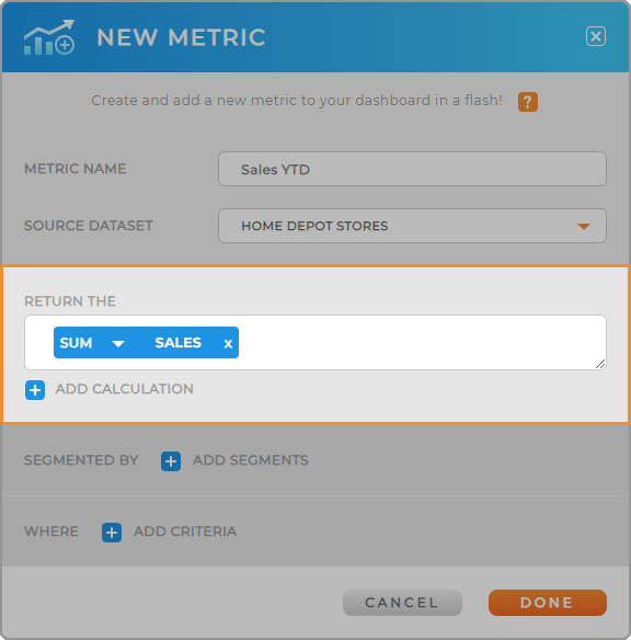Screenshot of the Metrics Settings lightbox in Mapline, with formulas highlighted