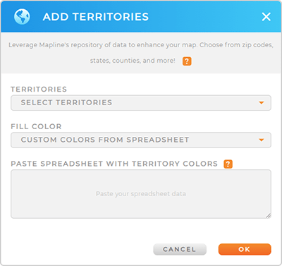 Screenshot of the Add Territories from Mapline's Repository lightbox in Mapline