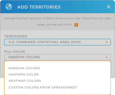 Color-code your U.S. Combined Statistical Areas territory map in seconds