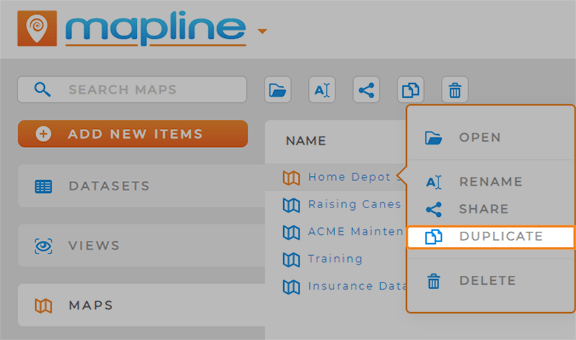 Screenshot of a Library in Mapline, with the pop-out menu open and DUPLICATE highlighted